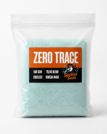 Spittin Sudz Zero Trace premium Korean microfiber finishing towel packaging on a white background.